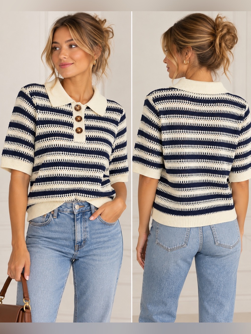 b.young Bymkala Polo Jumper Striped Cotton Polo Sweater in Blue & Cream Size